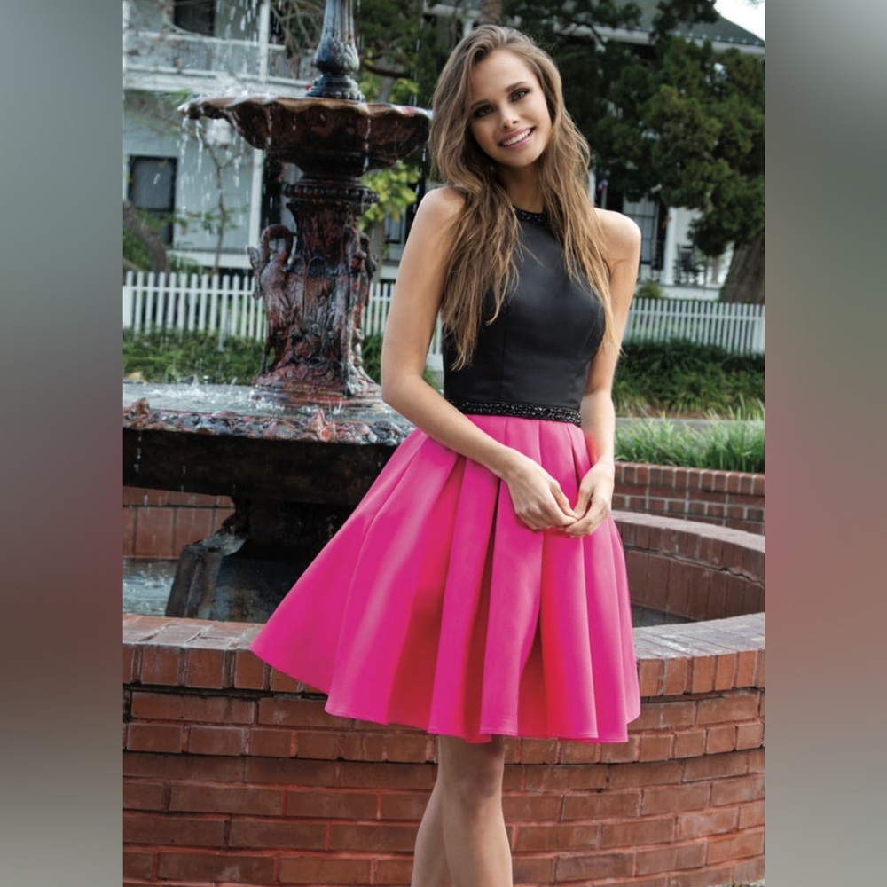 Backless halter hot pink black short prom formal dress XS